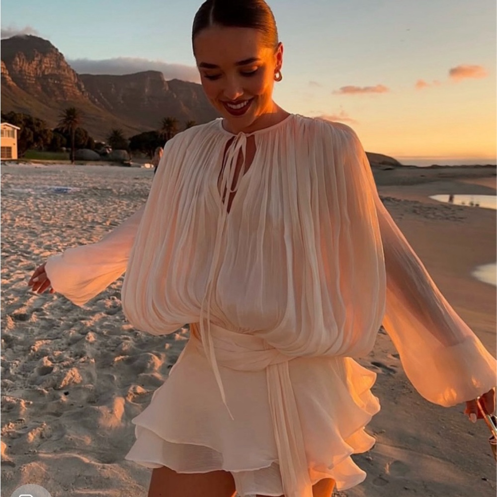 NWT Miss Rosier Eugénie Neutral Fully Pleated Ruffled Mini Dress